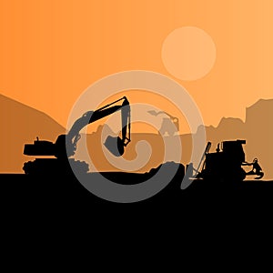 Construction machinery silhouette background. Black and orange set of ground works.