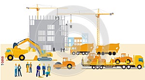 Construction machinery at the construction site, illustration