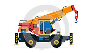 Construction machinery, truck crane. Commercial vehicles for work on the construction site. Vector illustration isolated
