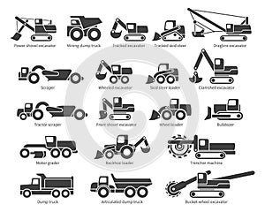 Construction machinery vector icons set