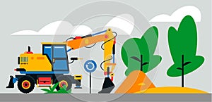 Construction machinery works at the site. Construction machinery, excavator, loader on the background of a landscape of