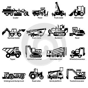 Construction Machines Black White Icons Set