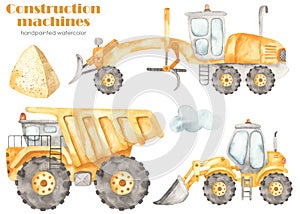 Construction machines dump truck, motor grader, wheel loader, pile of earth, cloud. Watercolor clipart