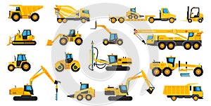 Construction machines, equipment and heavy building machinery. Crane, excavator, bulldozer, tractor, truck, forklift