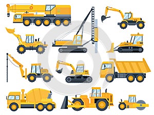 Construction machines. Heavy machinery for build, excavator, bulldozer, truck, tractor and crane vehicle. Building equipment flat