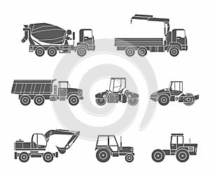 Construction machines icons set, Silhouette