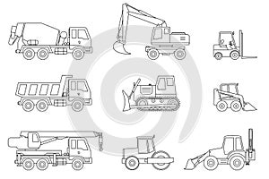 Construction machines thin icons.