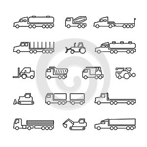 Construction machines. Trucks, tractors and heavy equipment line icons