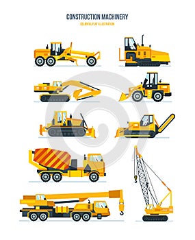 Construction machines, trucks, vehicles for transportation, asphalt, concrete mixing, crane.