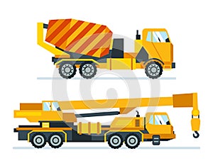 Construction machines, trucks, vehicles for transportation, asphalt, concrete mixing, crane.