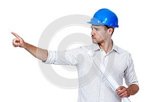 Construction, man and blueprint with pointing in studio with instruction, tips and ideas for building design, layout and