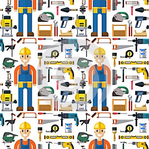 Construction man and building tools carpenter industry worker equipment seamless pattern background vector illustration.