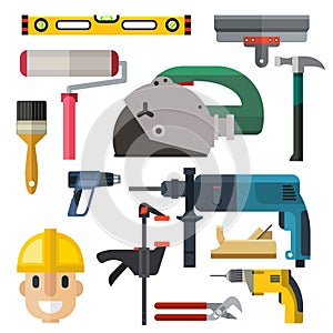 Construction man and building tools carpenter industry worker equipment vector illustration.