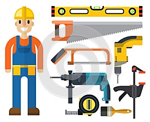 Construction man and building tools carpenter industry worker equipment vector illustration.