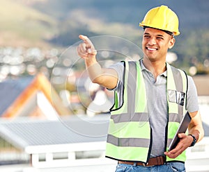 Construction, man and pointing for inspection, civil engineering and property site in city with tablet. Happy contractor