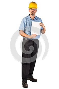 Construction Man Standing and Holing a Blank Document