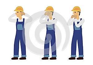 Construction man in three expression of see no evil, speak no evil and hear no evil. Concept of wisdom or ignorance