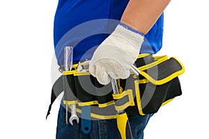 Construction man workers in blue shirt with Protective gloves, helmet with tool belt hand holding hammer isolated on white