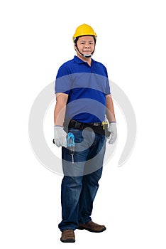 Construction man workers in blue shirt with Protective gloves, helmet with tool belt hand holding power drill isolated on white