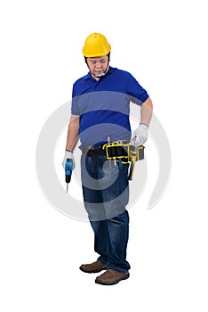 Construction man workers in blue shirt with Protective gloves, helmet with tool belt hand holding power drill isolated on white