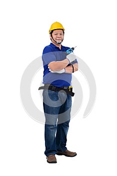 Construction man workers in blue shirt with Protective gloves, helmet with tool belt hand holding power drill isolated on white