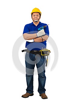 Construction man workers in blue shirt with Protective gloves, helmet with tool belt hand holding power drill isolated on white