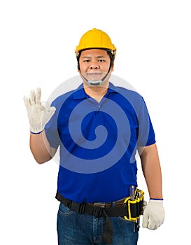 Construction man workers in blue shirt with Protective gloves, helmet with tool belt and Hand made symbol ok isolated on white