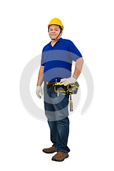 Construction man workers in blue shirt with Protective gloves, helmet with tool belt isolated on white