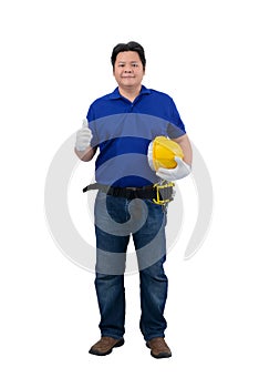 Construction man workers in blue shirt with Protective gloves, helmet with tool belt and Thumbs up isolated on white