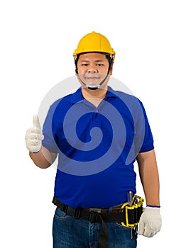 Construction man workers in blue shirt with Protective gloves, helmet with tool belt and Thumbs up isolated on white