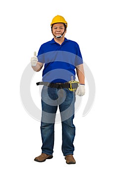 Construction man workers in blue shirt with Protective gloves, helmet with tool belt and Thumbs up isolated on white