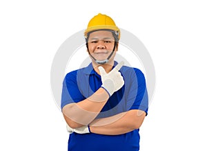Construction man workers in blue shirt with Protective gloves, helmet with tool belt and Thumbs up isolated on white