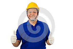 Construction man workers in blue shirt with Protective gloves, helmet with tool belt and Thumbs up two hand isolated on white