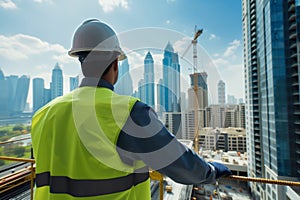 construction manager overlooking project with skyscraper in background