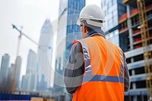 construction manager overlooking project with skyscraper in background
