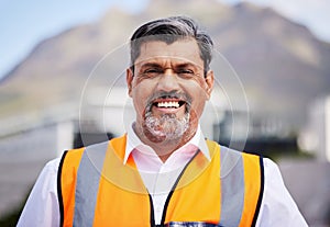 Construction, manager and portrait of man in city for building project, site maintenance or civil engineering. Face
