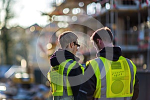 Construction managers reviewing plans in a sunlit environment with workers and machinery in the background