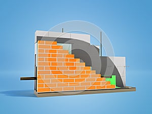 Construction masonry with brick and stone 3d render on blue background with shadow