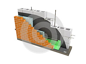 Construction masonry with brick and stone 3d render on white background without shadow