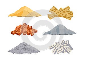 Construction material vector set collections. Pack of a pile of bricks, cement, sand, cinder blocks, wood, and stones on white