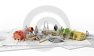 Construction materials with blueprint photo
