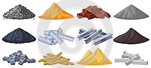 Construction materials. Building material piles, gravel, sand, bricks and crushed stone piles. Heaps of building photo