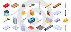 Construction materials icons set, isometric style