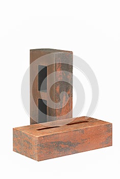 Construction Materials Ideas. Pair of Aged Dark Red Bricks With Rectangular Wholes for Construction Isolated on White