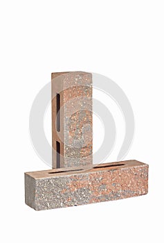 Construction Materials Ideas. Pair of Aged Narrow Reddish Bricks With Rectangular Wholes for Construction Isolated