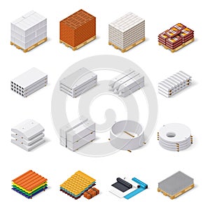 Materiali da costruzione isometrica set di icone, prodotti in calcestruzzo, mattoni, blocchi di calcestruzzo aerato, coperture e materiali isolanti, di grafica vettoriale illustrazione.