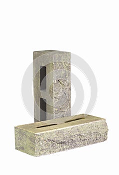 Construction Materials. Pair of Aged Green and White Bricks With Rectangular Wholes for Construction Isolated on White