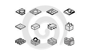 Construction materials and structure icons set. Vector linear isometric icons of reinforced concrete, ceramic tiles