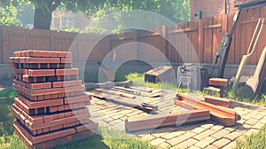 Construction materials and tools laying on backyard patio during renovation project