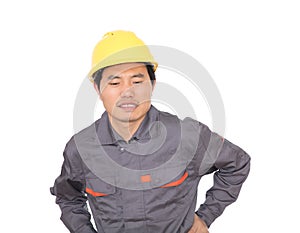 Construction migrant worker sprained waist in front of white background